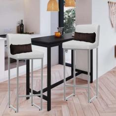 Imagem de Kit 02 Banqueta Alta com Encosto Lucca Industrial Cozinha Balcão Ferro Cinza Sintético Branco e Almofada Marrom - Ahazzo Móveis
