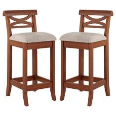 Imagem de Kit 2 Banquetas Média Estofada Encosto 36x90Cm Copacabana Bancada Madeira Linho Bege M58 - RMI