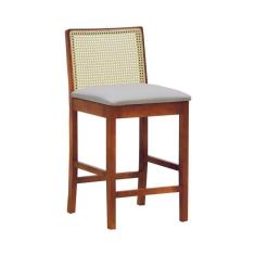 Imagem de Banqueta Média Pérola Madeira Maciça Com Telinha C- 62cm Altura - Amêndoa Linho Bege