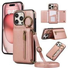 Imagem de Suporte de cartão de anel crossbody com zíper capa de telefone carteira para iPhone 15 Pro Max 14 Plus 13 12 11 XS XR 7 8 SE 2020 2022 Capa de couro, ouro rosa, para iPhone 13 Pro