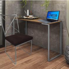 Imagem de Kit Escritório Clark Cadeira e Mesa Industrial Ferro Prata Tampo MDF Caramelo Sintético Marrom - Ahz Móveis