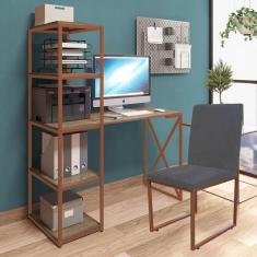 Imagem de Kit Escritório Mesa Max BeX 5 Prateleiras e Cadeira Stan Bronze Tampo Caramelo Suede Cinza - Ahz Móveis