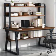 Imagem de Mesa de computador com gaiola e estante, mesa de estudo de escrita que economiza espaço com prateleiras de armazenamento abertas, mesa de trabalho moderna simples de madeira com moldura de metal para