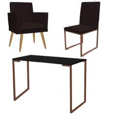 Imagem de Kit Escritório Stan Poltrona Rodapé com Cadeira e Mesa Industrial Preto Bronze Suede Marrom - Ahz Móveis