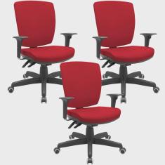 Imagem de Kit 03 Cadeiras Escritório Diretor Office Giratória Preto Alta Flexi P03 Poliéster Vermelho - Lyam