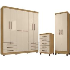 Imagem de Kit Guarda Roupa Casal 6 Portas Marselha, Cômoda 5 Gavetas Porto Belo e Multiuso Cairo Carvalho Off White Clique Chique