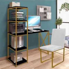 Imagem de Kit Escritório Mesa Max BeX 5 Prateleiras e Cadeira Stan Dourado Tampo Preto Sintético Branco - Ahz Móveis
