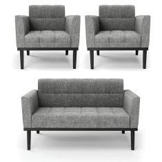 Imagem de Sofá Namoradeira E 2 Poltronas Base De Madeira Preto Elisa Linho D03 - D'rossi Cor A26 Grafite