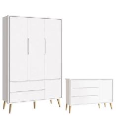Imagem de Cômoda Infantil Com Porta E Guarda Roupa 3 Portas Theo Branco Acetinado Pés Madeira Natural - Reller