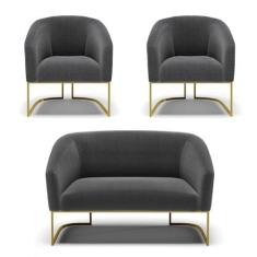 Imagem de Sofá Namoradeira e 2 Poltronas Base Industrial Dourado Stella Bouclê Grafite D03 - D'Rossi