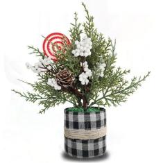 Imagem de Decoração artificial de mesa de árvore de Natal pequena, árvore de Natal em vaso xadrez com enfeites de pinha de frutas silvestres para lareira de Natal, mesa de cornija, mesa de centro de mesa,