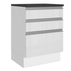 Imagem de Balcão Armário de Cozinha 100% MDF 60 cm 3 Gavetas Frentes Branco Bril