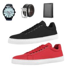 Imagem de Kit 2 Tênis PretoBranco E Vermelho +Carteira+Relógio+Cinto - Nshoes, P