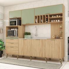 Imagem de Cozinha Compacta 6 Portas 4 Gavetas 2 Nichos para Forno Gênova Marafon Móveis Amêndoa/Menta