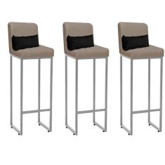 Imagem de Kit 03 Banqueta Alta com Encosto Lucca Industrial Cozinha Balcão Ferro Cinza Corino Bege e Almofada Preto - Ahazzo Móveis