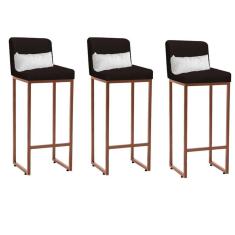 Imagem de Kit 03 Banqueta Alta com Encosto Lucca Industrial Cozinha Balcão Ferro Bronze Corino Marrom e Almofada Branco - Ahazzo Móveis