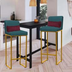 Imagem de Kit 02 Banqueta Alta com Encosto Lucca Industrial Cozinha Balcão Ferro Dourado Suede Azul Turquesa e Almofada Bordô - Ahazzo Móveis
