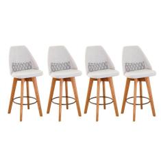 Imagem de Kit 04 Banquetas Alta Maya Giratória Com Encosto Linho Bege Claro e Almofada Zigzag - Aurora Line