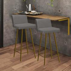 Imagem de Kit Mesa Suspensa de Parede Fixa MDF Freijó + 2 Banquetas Lexi Ferro Dourado Suede Cinza - Ahazzo Móveis