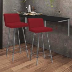 Imagem de Kit Mesa Suspensa de Parede Fixa MDF Preto + 2 Banquetas Lexi Ferro Prata Suede Vermelho - Ahazzo Móveis