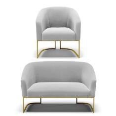 Imagem de Namoradeira E Poltrona Base Industrial Dourado Stella Suede Cinza D03 - D`rossi