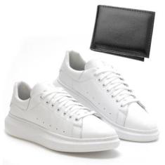 Imagem de Kit Tênis Basico Casual em Couro Masculino com Recortes Cadarço e Carteira-Masculino