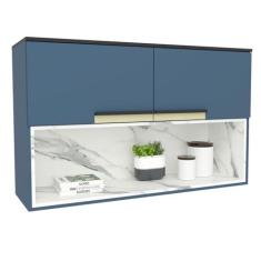Imagem de Armário Aéreo 120cm 2 Portas 1 Nicho Cozinha Flórida Azul Órion/Calacatta