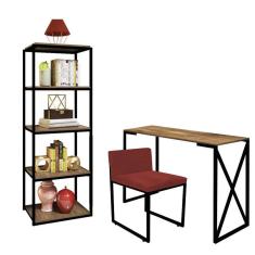 Imagem de Kit Escritório Bex 1 Cadeira Suede Vermelho com 1 Mesa e 1 Livreiro Ferro Preto MDF Freijó - Ahazzo Móveis