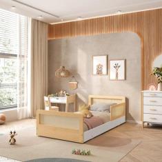 Imagem de Cama Infantil Solteiro Montessoriano Lift Em Madeira Maciça Com Rattan