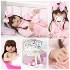 Imagem de Boneca Estilo Bebê Reborn Menina 100% Silicone 20 Acessórios - Cegonha
