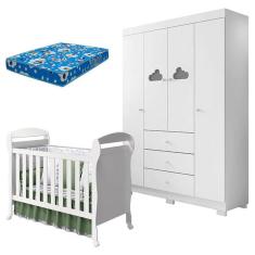 Imagem de Berço Americano Danny e Guarda Roupa Infantil Ane Branco Brilho com Colchão Ortobom - Phoenix Baby