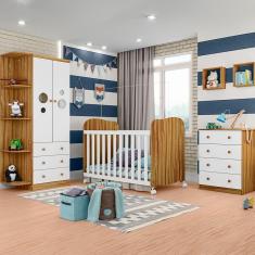 Imagem de Berço Americano + Cômoda Infantil com 4 Gavetas e 65,1cm de Largura + Guarda-Roupa Infantil Peroba Duda Plus com 2 Portas, 3 Gavetas e 5 Prateleira