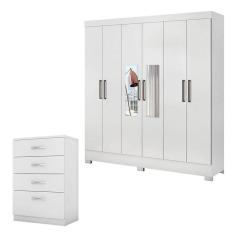 Imagem de Cômoda Astral e Guarda Roupa Casal Prático Branco com Espelho - Demóbile