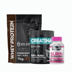 Imagem de Kit:Whey Protein Concentrado 1kg +Creatina Monohidratada Pote 300g - 100% Pura+Termogênico Femme Burn 90g - Soldiers Nut