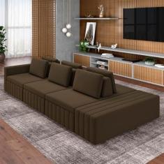 Imagem de Sofá Ilha com Encosto e Almofadas Móveis Olimpo 395cm Modulado Veludo Marrom G45 - Gran Belo
