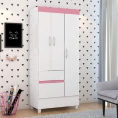 Imagem de Guarda Roupa Solteiro 3 Portas 2 Gavetas 3 Prateleiras Demobile Branco/Rosa