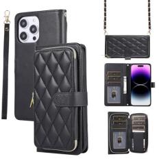 Imagem de Capa carteira para iPhone 15 Pro Max, bolsa de couro dobrável com zíper com suporte para cartão, capa de telefone à prova de choque com fivela magnética com corda de mão e corrente de couro para