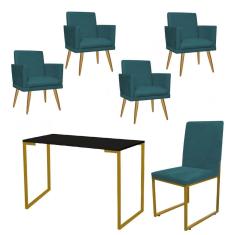 Imagem de Kit Escritório Stan 4 Poltronas Rodapé com Cadeira e Mesa Industrial Preto Dourado Suede Azul Turquesa - Ahz Móveis
