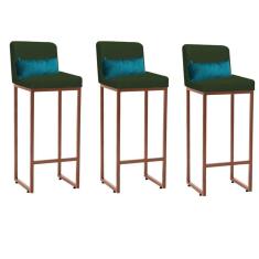 Imagem de Kit 03 Banqueta Alta com Encosto Lucca Industrial Cozinha Balcão Ferro Bronze Suede Verde e Almofada Azul Turquesa - Ahazzo Móveis