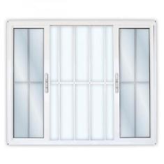 Imagem de Janela de Alumínio de Correr 100x200cm 4 Folhas 2 Fixas com Grade e Vidro Liso Linha Solida MGM Branco