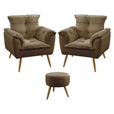 Imagem de Kit 2 Poltronas Beta Com Puff Solar Para Sala de Estar Sued Capuccino Aradecor