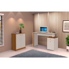 Imagem de Conjunto e 1 Mesa Escrivaninha e 1 Armário Balcão Office Escritório OffWhite com Freijó - Rede Móveis