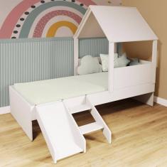 Imagem de Cama Casinha com Telhado e Escada/ Escorregador Branco Megamobilia