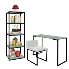 Imagem de Kit Escritório Ravi 1 Cadeira Suede Branco com 1 Mesa e 1 Livreiro Ferro Preto MDF Verde Oliva - Ahazzo Móveis
