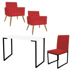 Imagem de Kit Escritório Stan 2 Poltronas Capitonê com Cadeira e Mesa Industrial Branco Preto Suede Vermelho - Ahz Móveis