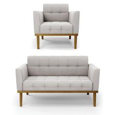 Imagem de Sofá Namoradeira E Poltrona Base De Madeira Castanho Elisa Veludo D03 - D'rossi Cor Cinza