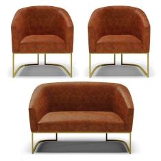 Imagem de Sofá Namoradeira E 2 Poltronas Base Industrial Dourado Stella Corano D03 - D`rossi Cor Nozes