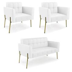 Imagem de Sofá Namoradeira E 2 Poltronas Pé De Ferro Dourado Elisa Corino Branco D03 - D`rossi