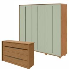 Imagem de Conjunto de Guarda-Roupa Casal Loop 6 Portas com Pés e Cômoda 8 Gavetas Urban Amendoa Clean/Salvia