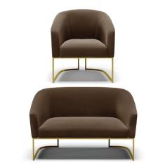 Imagem de Namoradeira E Poltrona Base Industrial Dourado Stella Suede D03 - D`rossi Cor Marrom